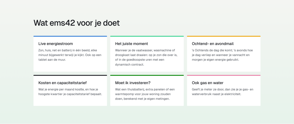 Wat ems42 doet: live energiestroom, het juiste moment, een ochtend- en avondmail, kosten en capaciteitstarief, investeren, gas en water.